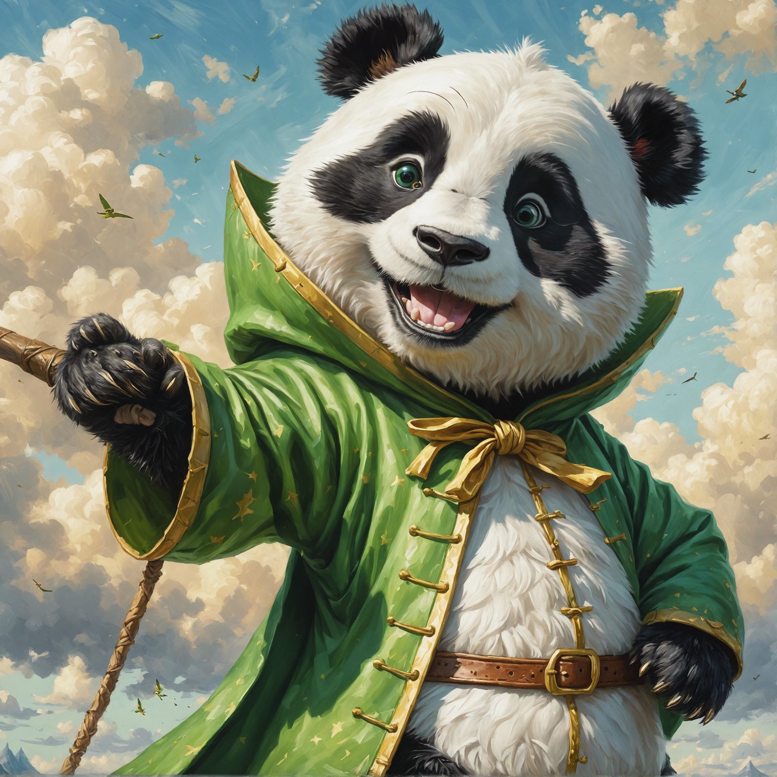 Joyful Panda in Green Costume: CGI Oil Painting