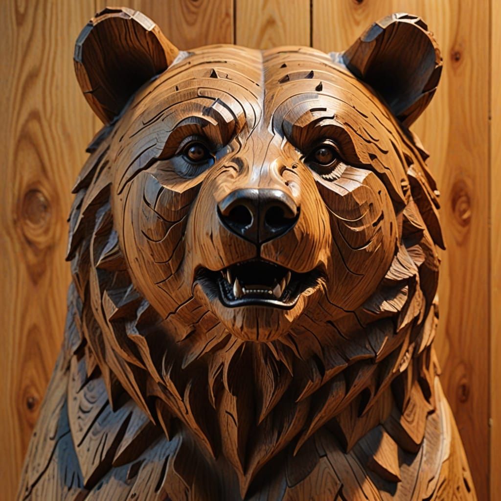 Detailed Wood Carving of a Bear Sculpture