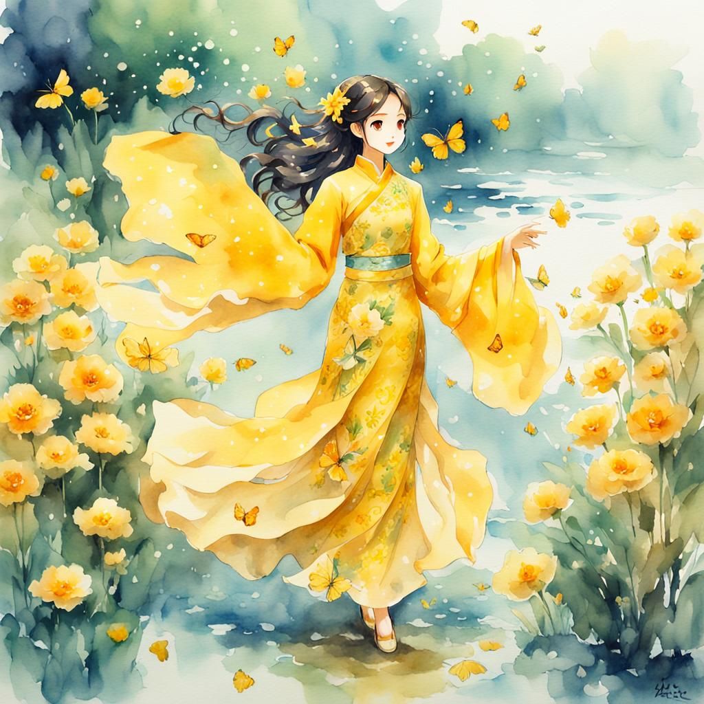 Watercolor Asian Woman in Ao Dai with Butterflies