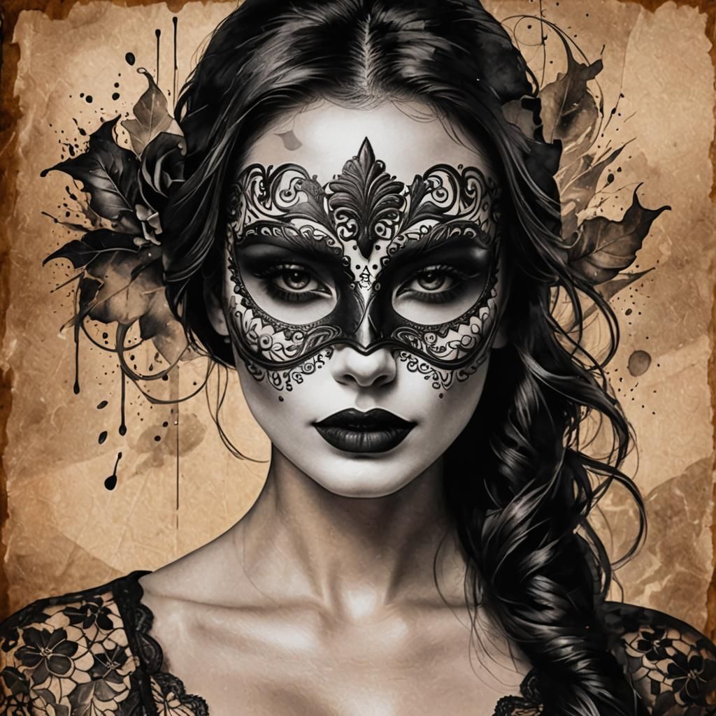 Brunette in Venetian Mask: Surreal Ink Portrait