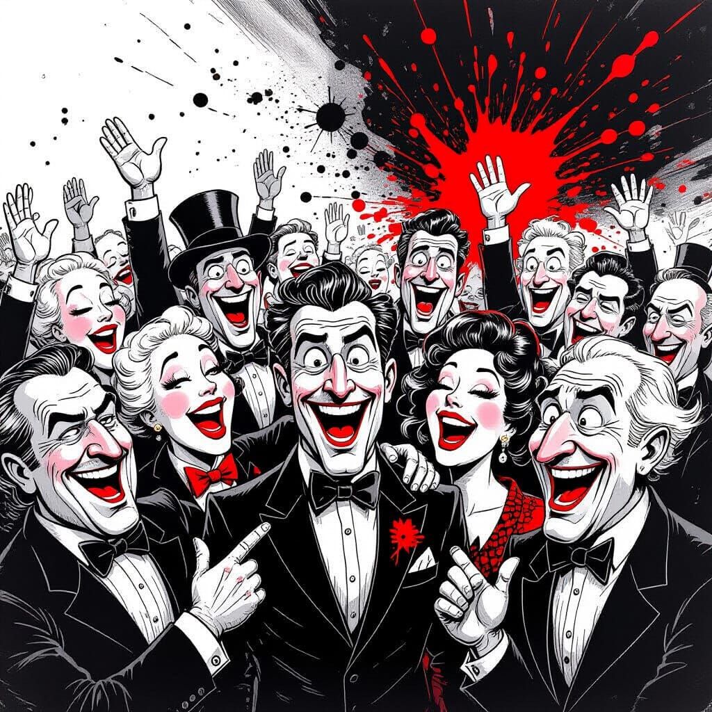 Chaotic Satirical Illustration of Exaggerated Human Figures