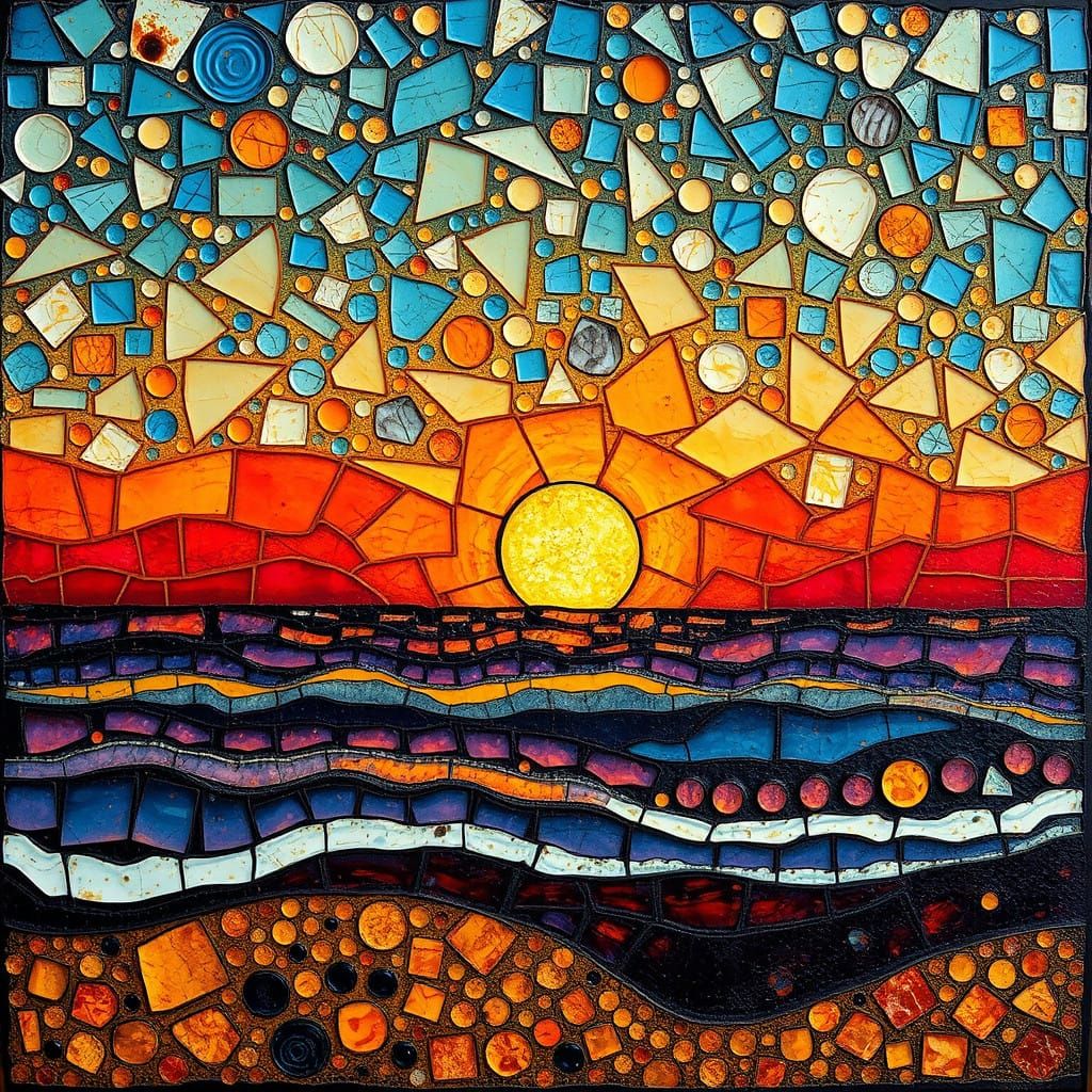 Vibrant Ocean Sunset Mosaic in Textured Impasto Style