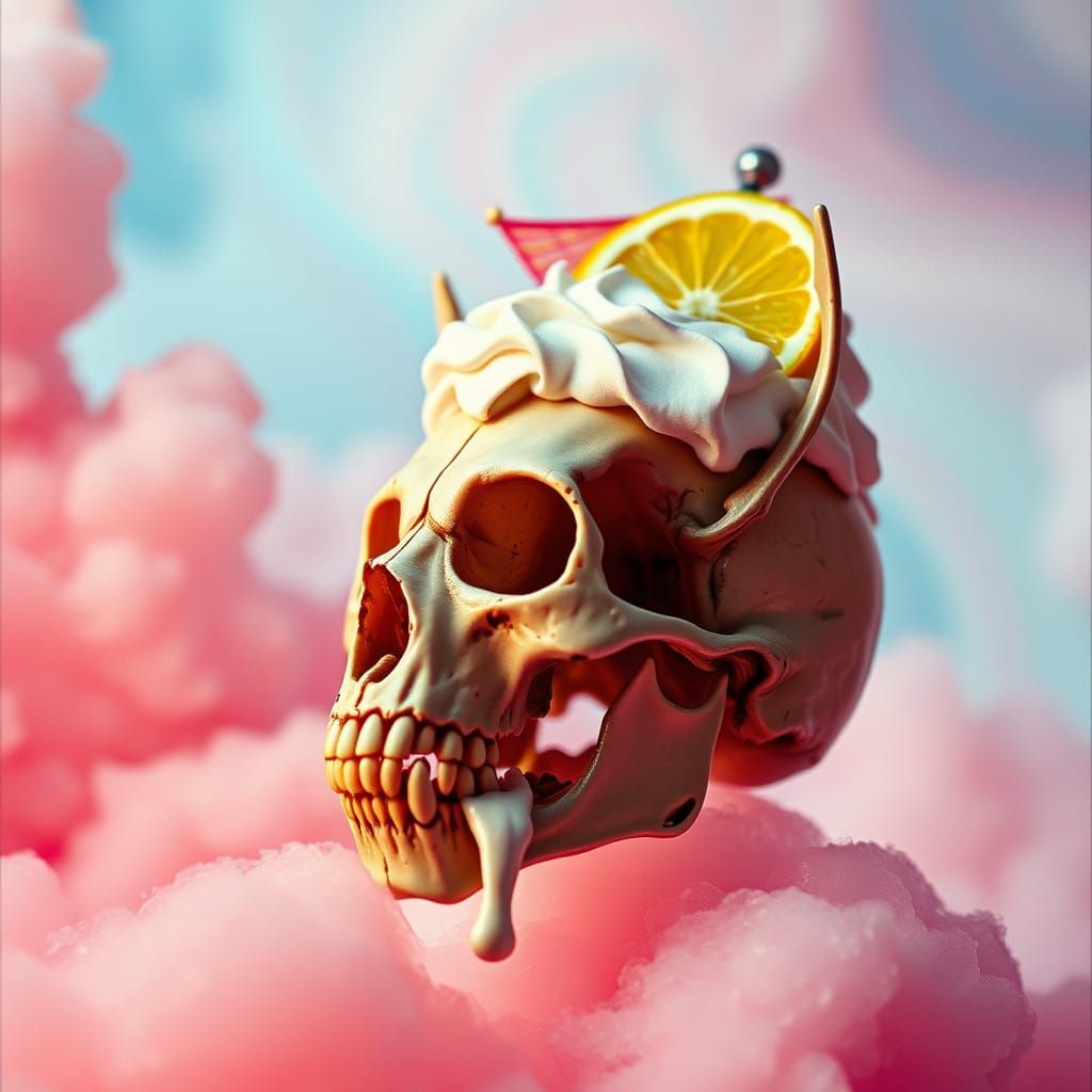 Surreal Feline Skull Cocktail Scene in Pastel Candy Landscap...