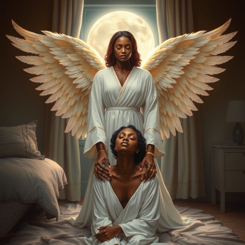 Surreal African American Female Guardian Angel Watches Over ...