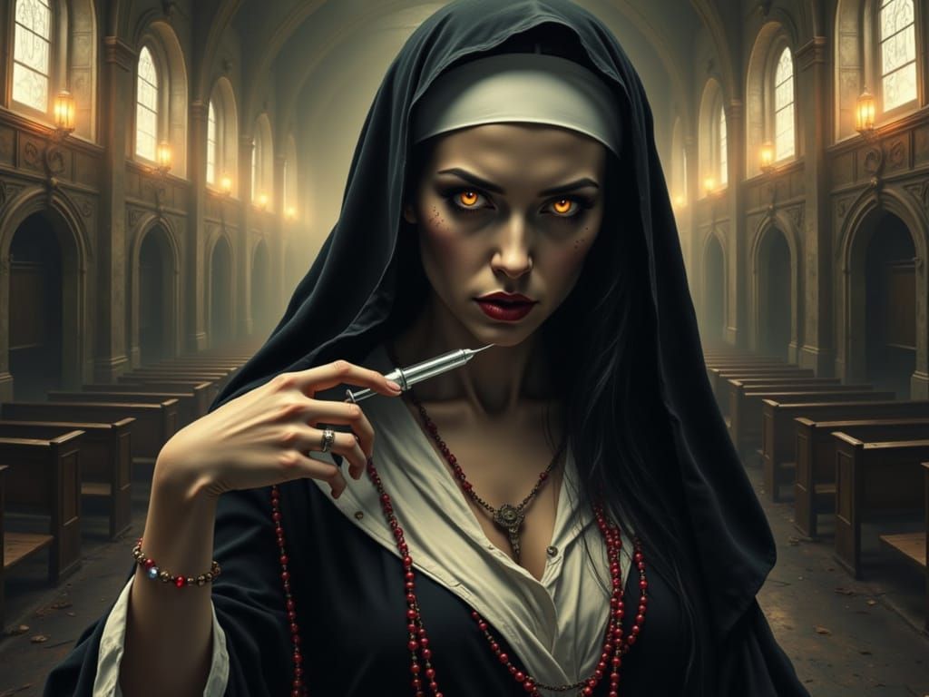 Gothic Nun in Abandoned Church, Syringe in Hand, Dark Fantas...