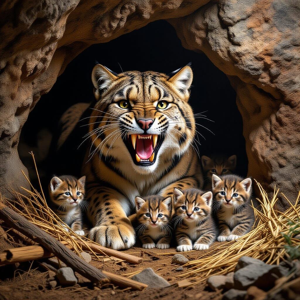 Prehistoric Saber-Toothed Cat and Kittens in Den