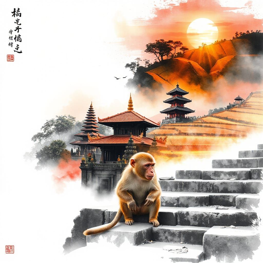 Balinese Temple Amidst Vibrant Rice Terraces in Morning Mist