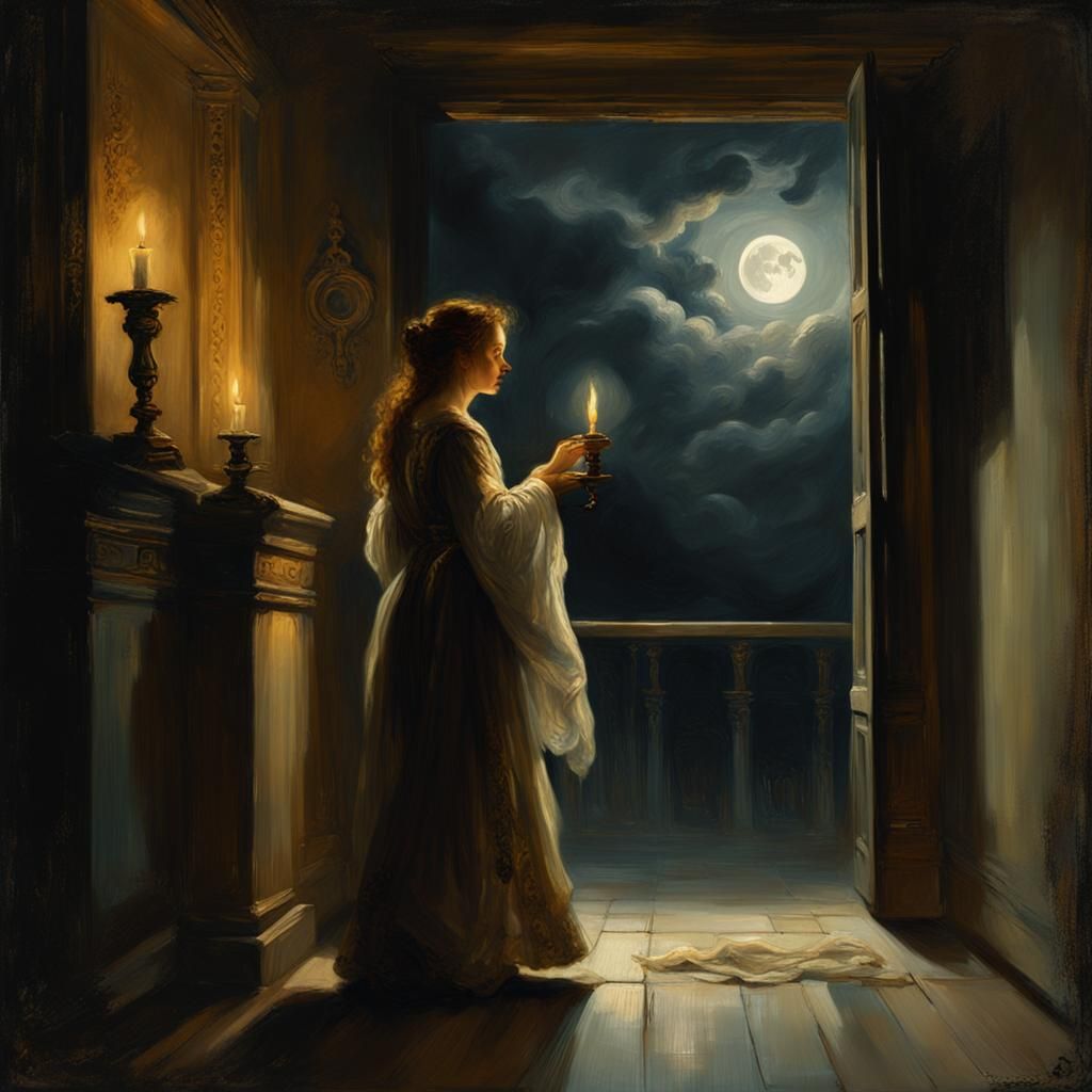 Radiant Woman with Candle in Stormy Corridor