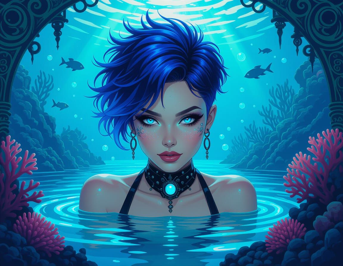 Dieselpunk Siren Rising from Bioluminescent Lagoon