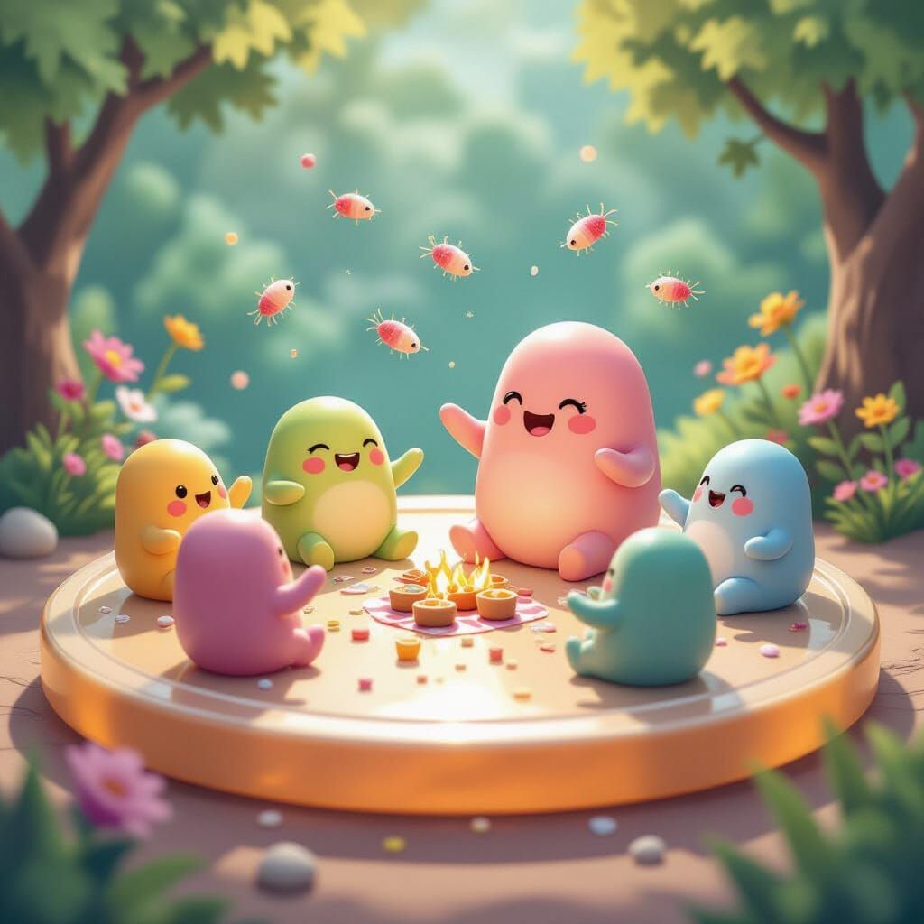 Jovial Microbes Picnic in Cartoon Petri Dish