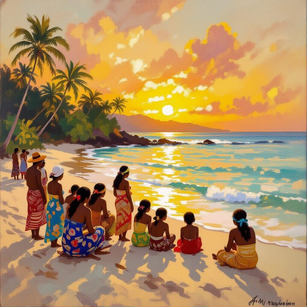Fijian Village at Sunset in Impressionist Style