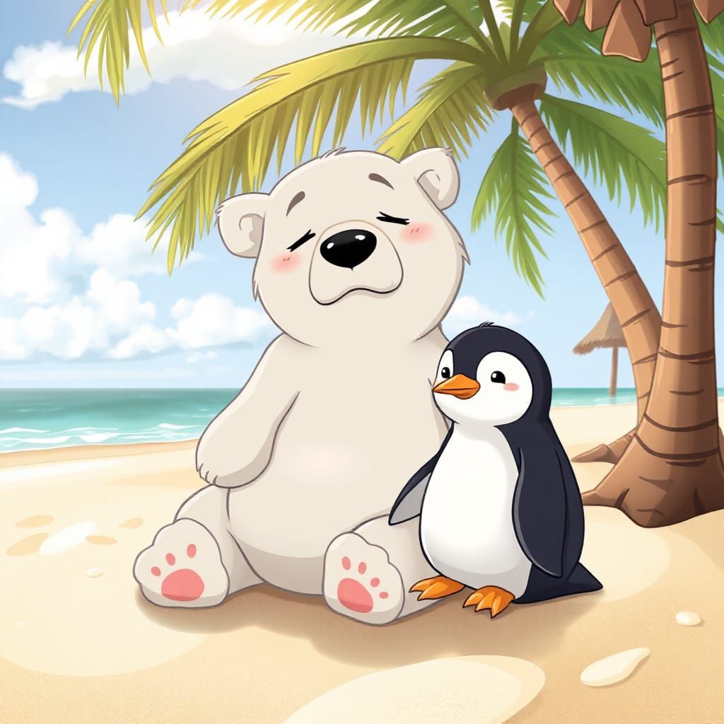 Polar Bear and Penguin Bored on Tropical Beach