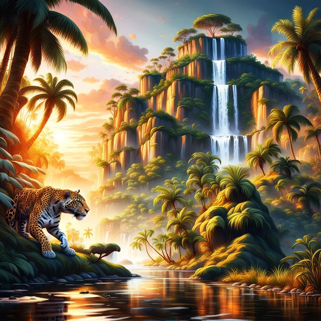 Jaguar at Sunset in Amazon River: Detailed Matte Painting