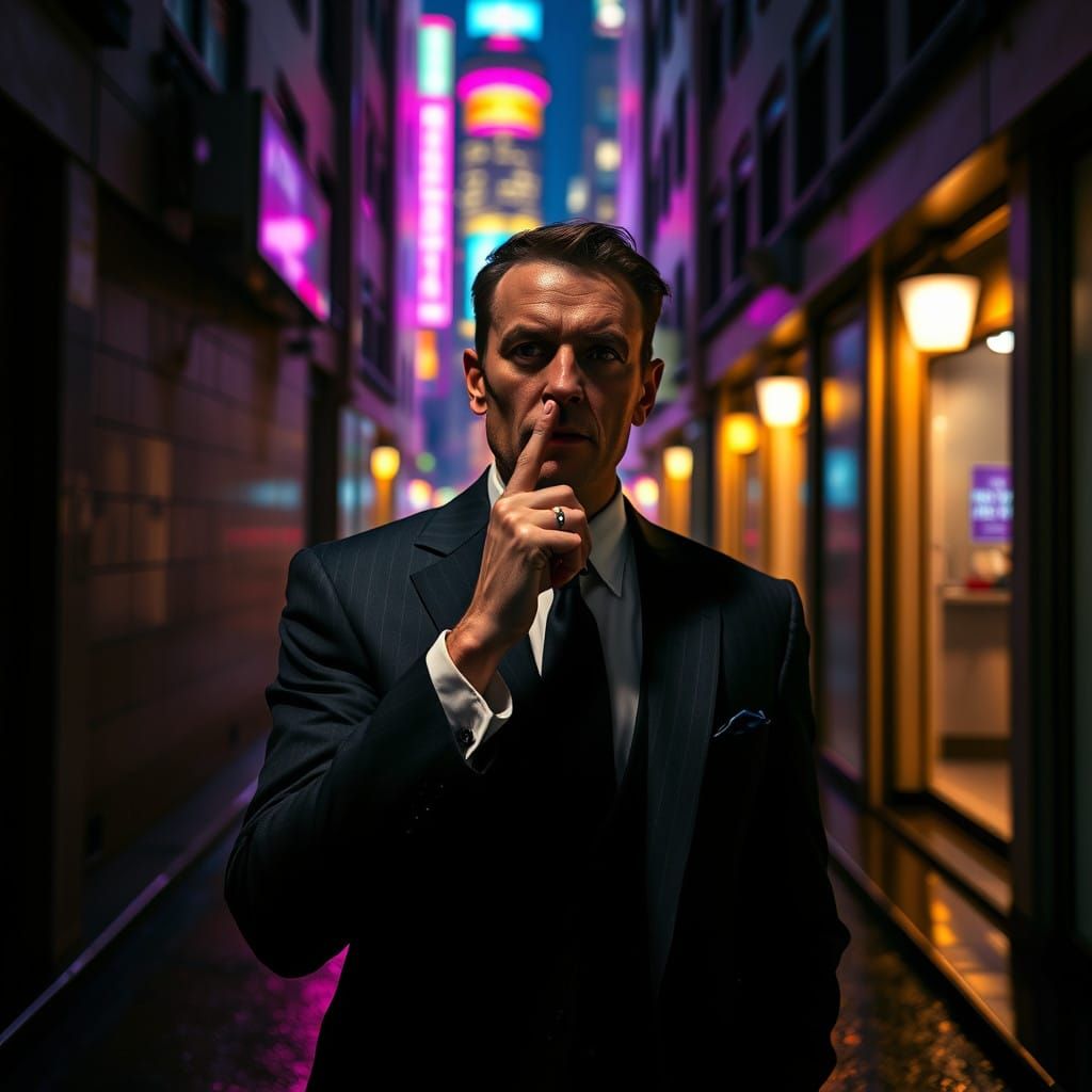 Suited Man Silenced by Neon Cityscape
