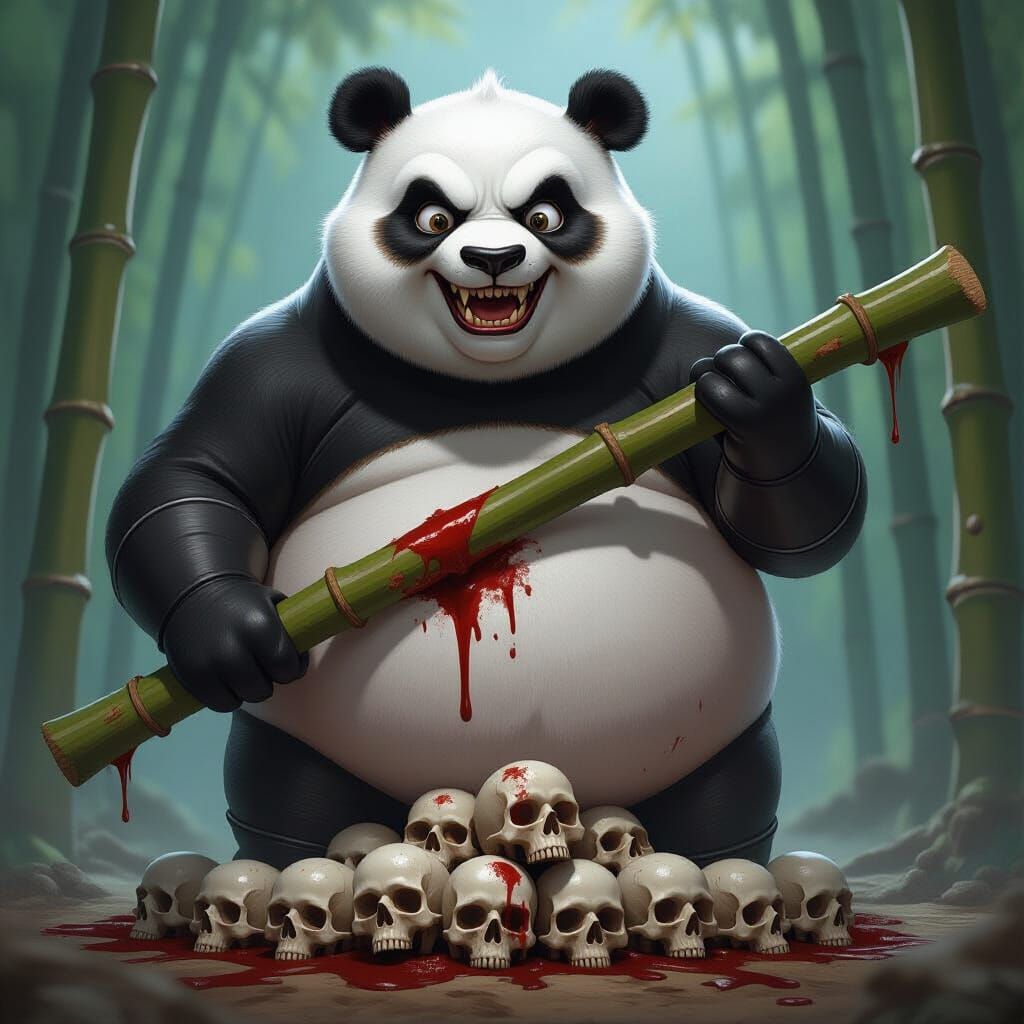 Evil Panda Supervillain with Bloody Bamboo Stick