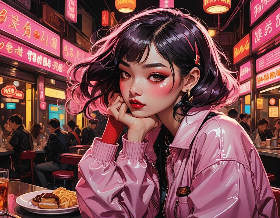 Crimson Lips: Manga Girl in Neon Diner