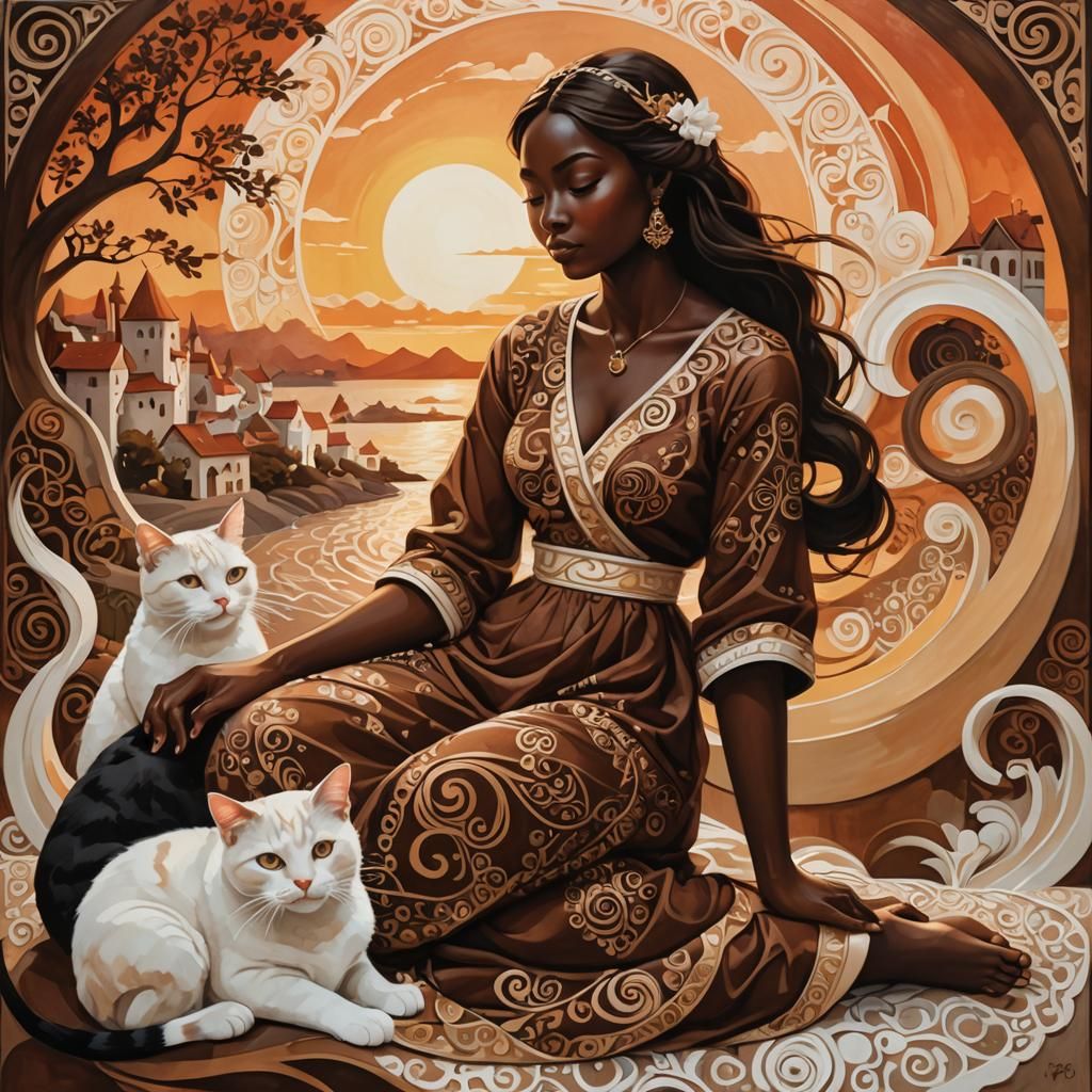 Woman with Cat Watching Sunset in 3D