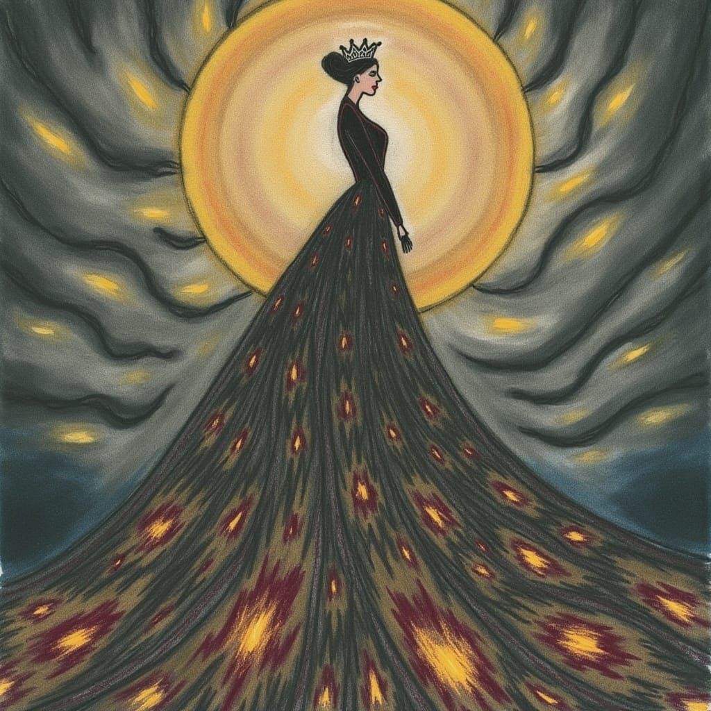 Woman in Victorian Gown Atop Shattered Mirrors