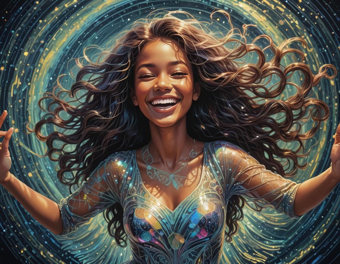 Joyful Model Dancing with Holographic Hair as 3D Render