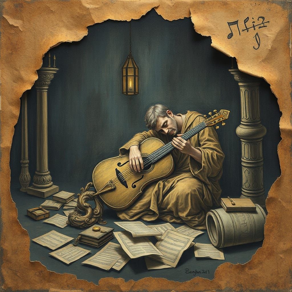 Sorrowful Musician in Mystical Temple: Mixed Media Sketch