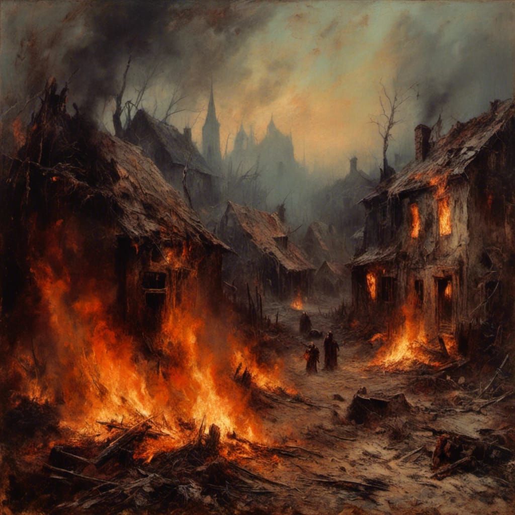 Burning Medieval Village in Classic Oil Painting Style