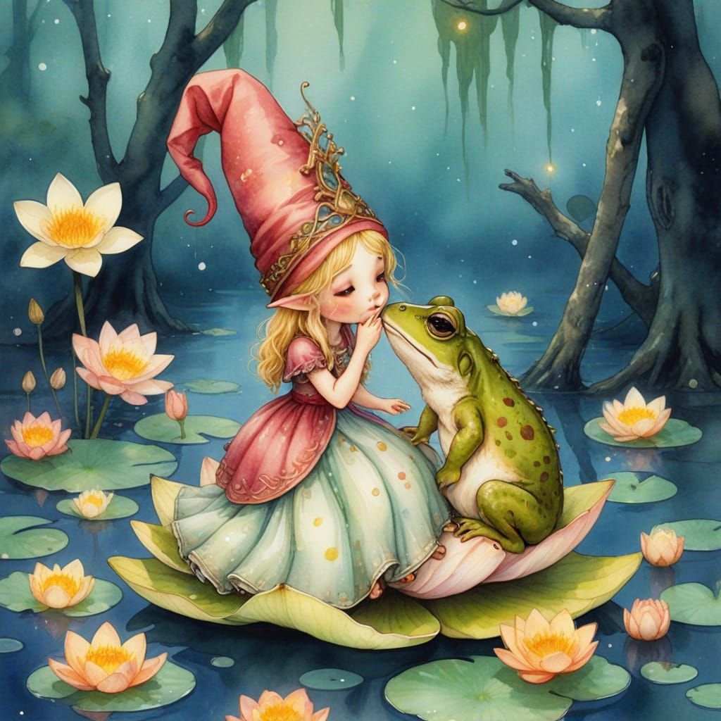 Gnome Girl's Lily Pad Kiss: A Fairycore Illustration