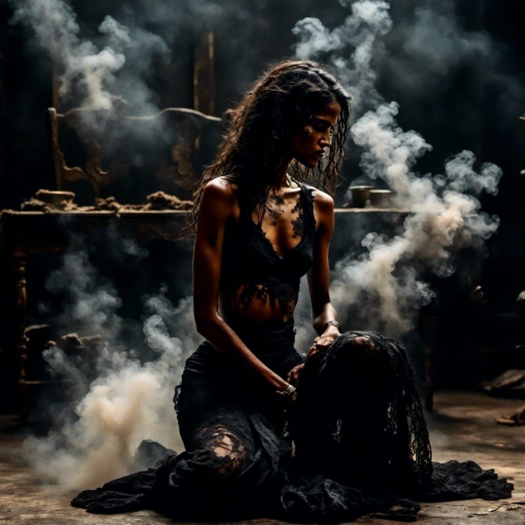 Cinematic Woman in Black Posing in Smoke
