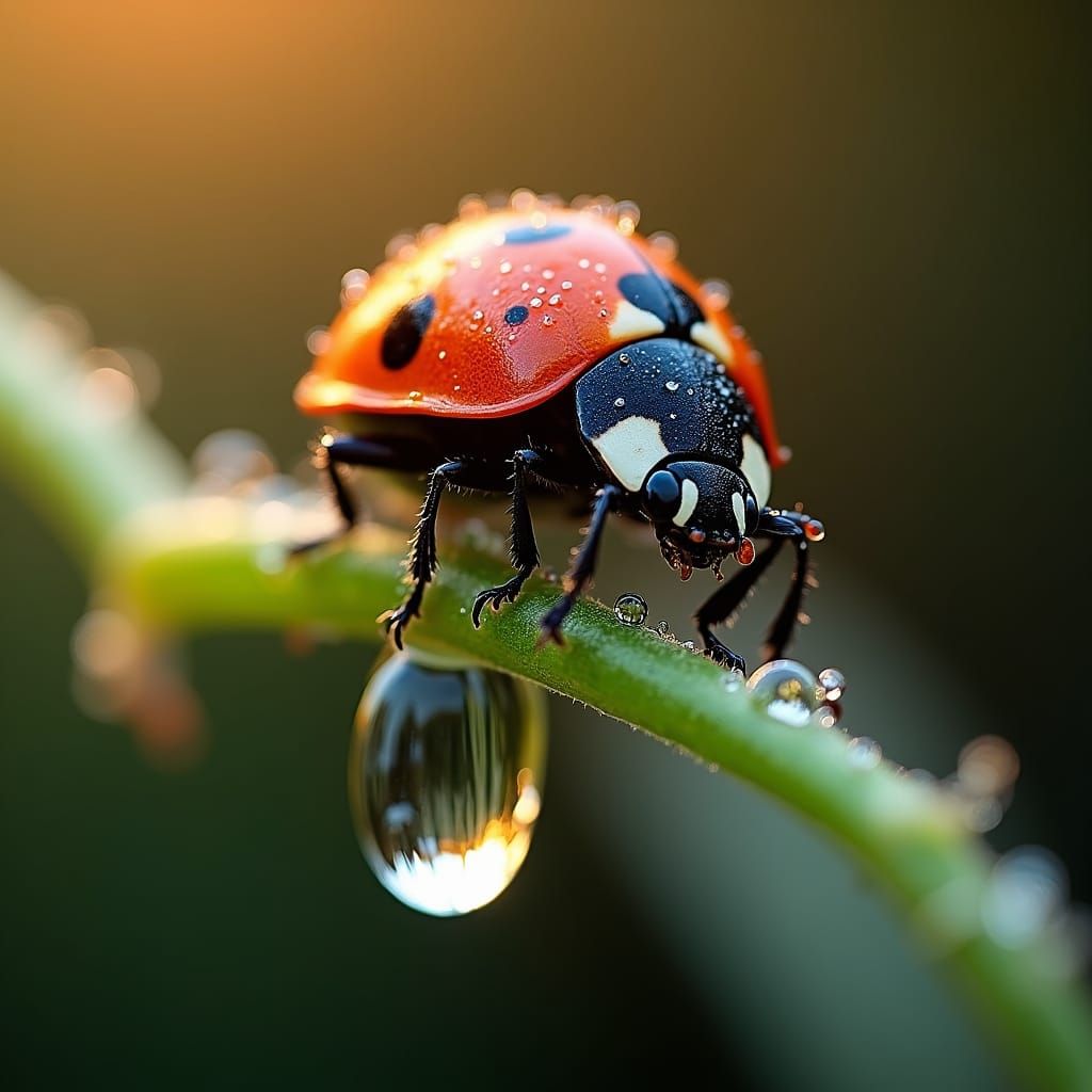 Ladybug on Dewy Stem Macro Photograph