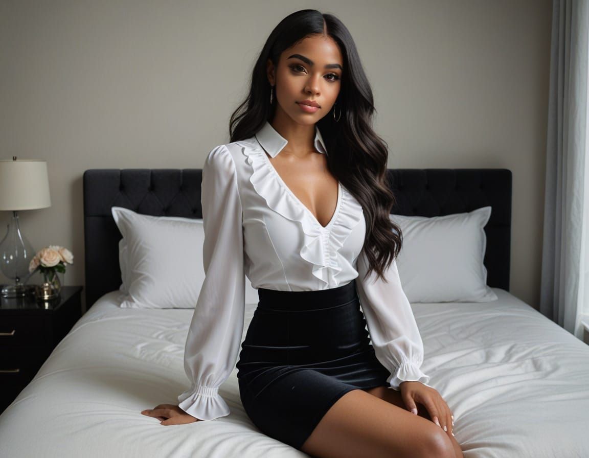 Young Woman with Black Hair on Velvet Bed