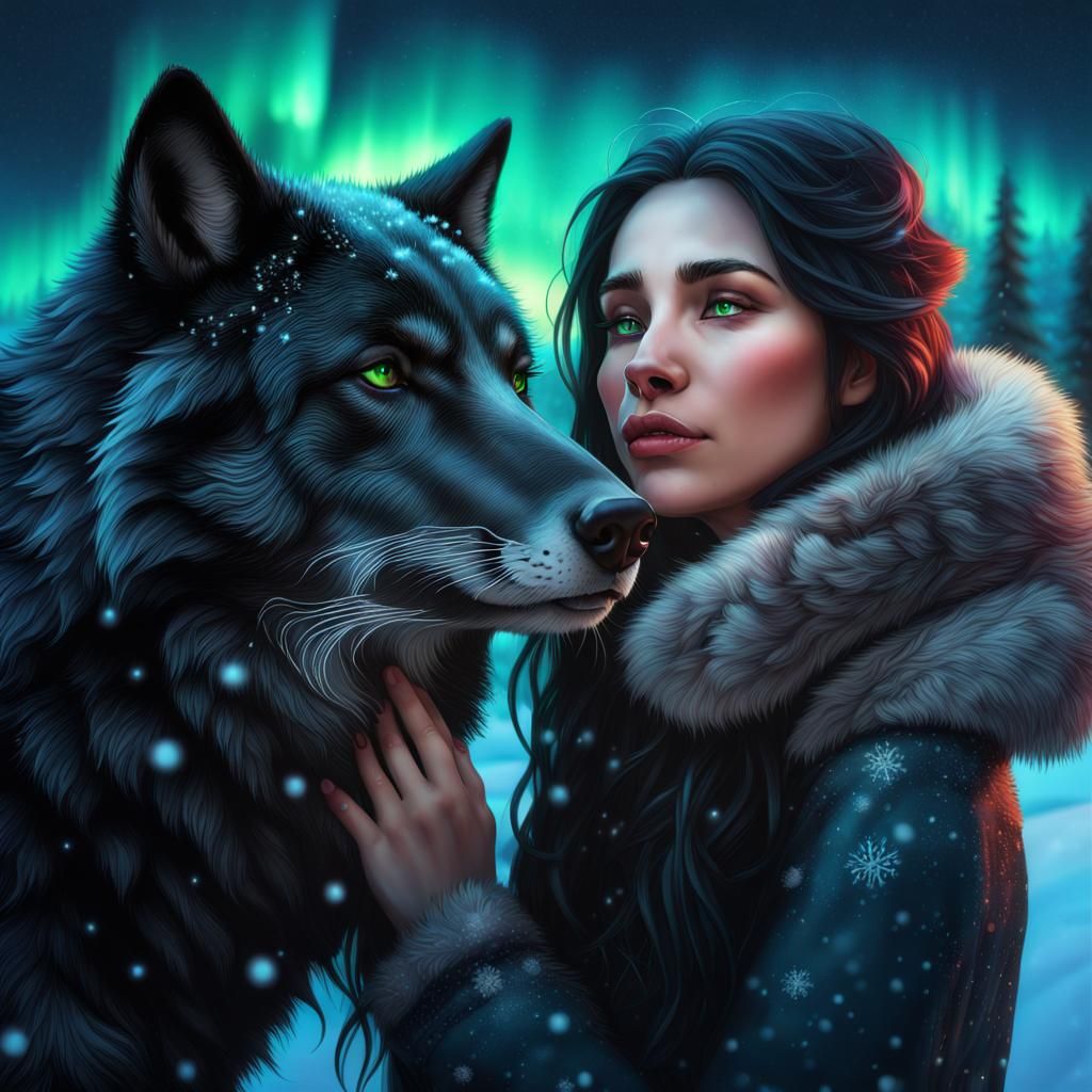 Bond Between Woman and Wolf Under Northern Lights