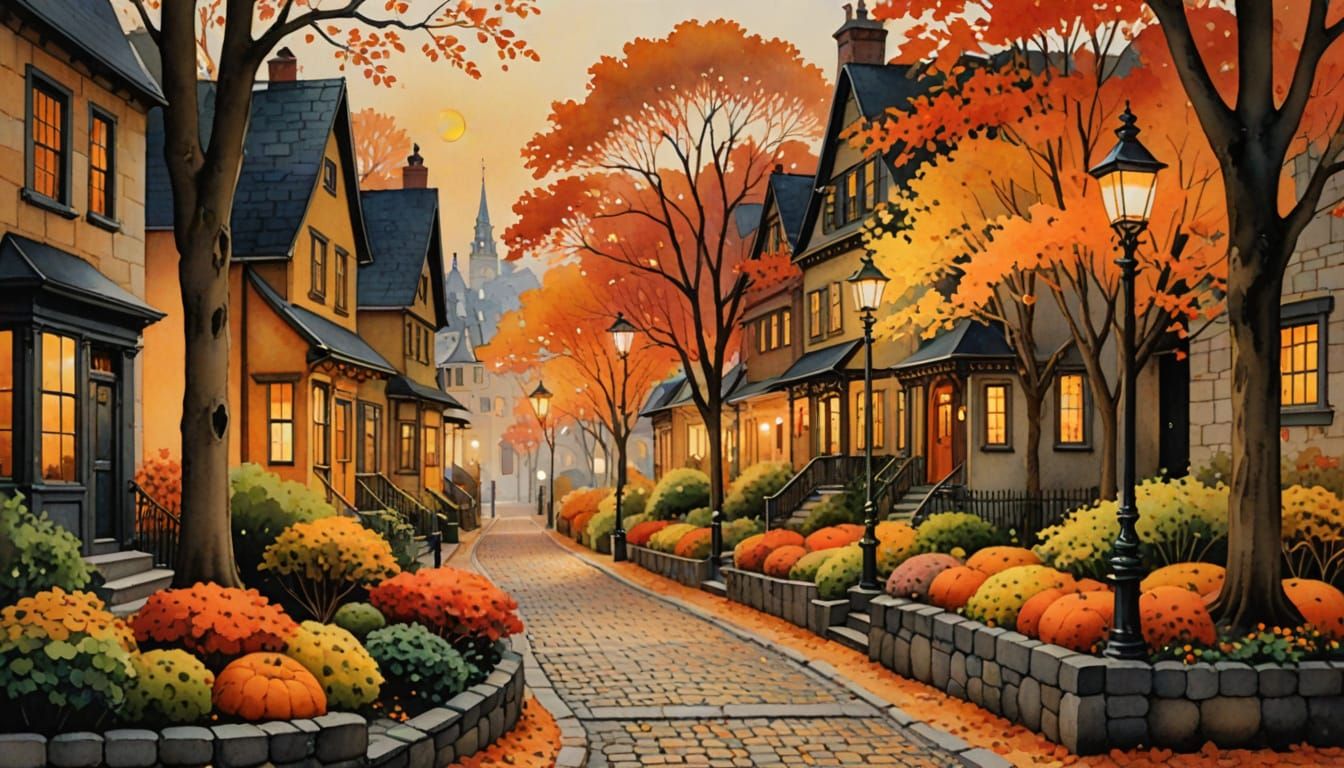 Autumn Cobblestone Street Scene in Watercolor