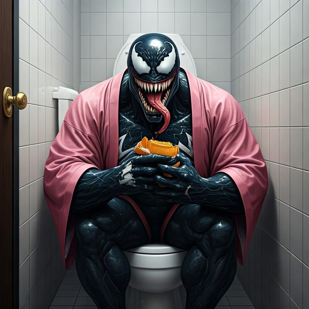 Venom on Toilet Eating Burgers in Pink Kimono