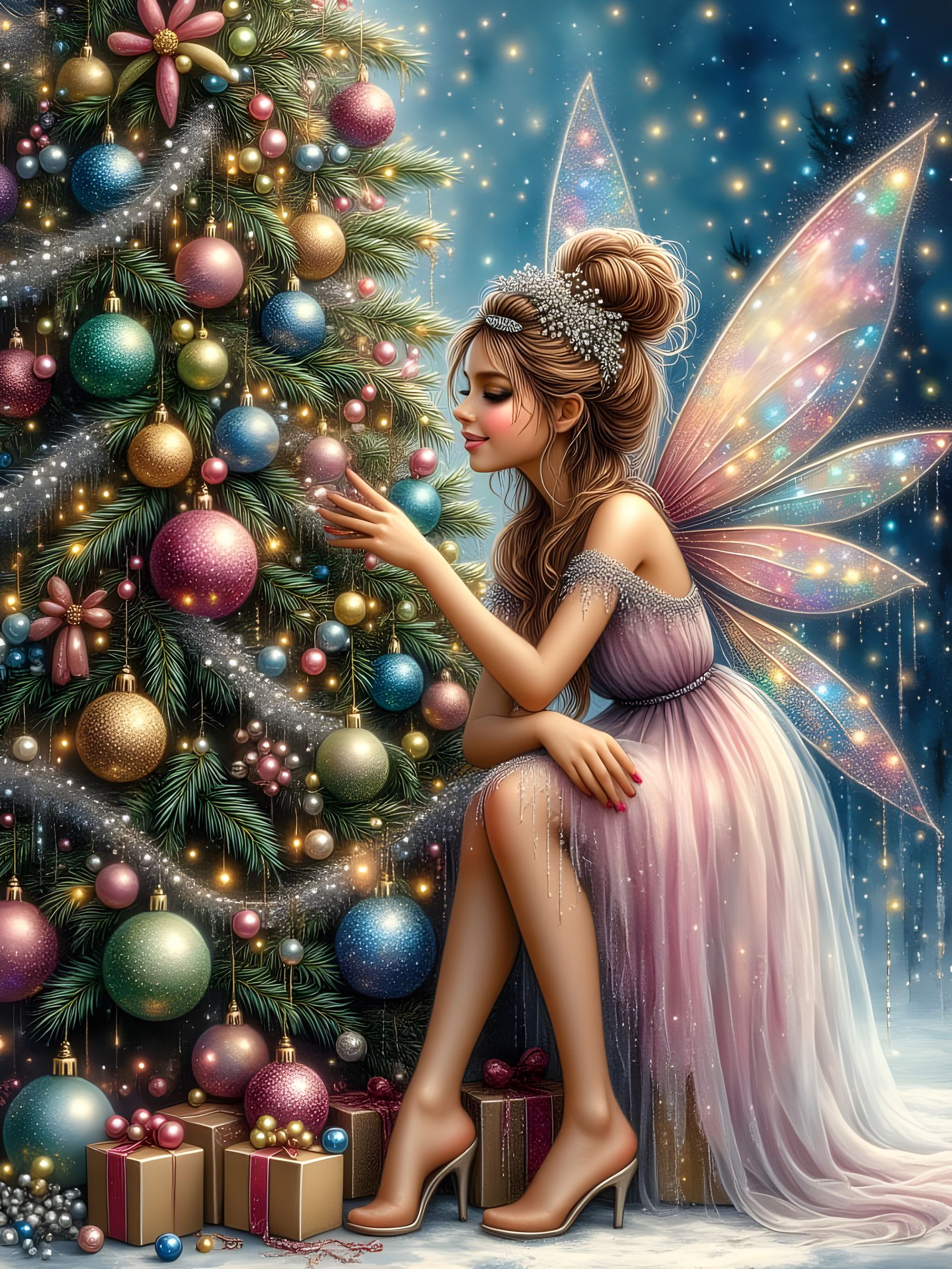Magical Fairies by a Colorful Christmas Tree