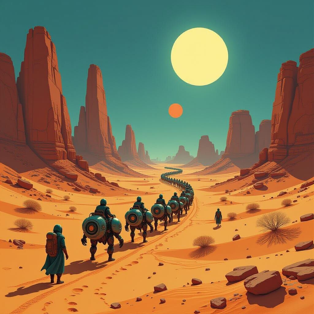Biomechanical Caravan Crosses Desert Ruins Under Twin Suns