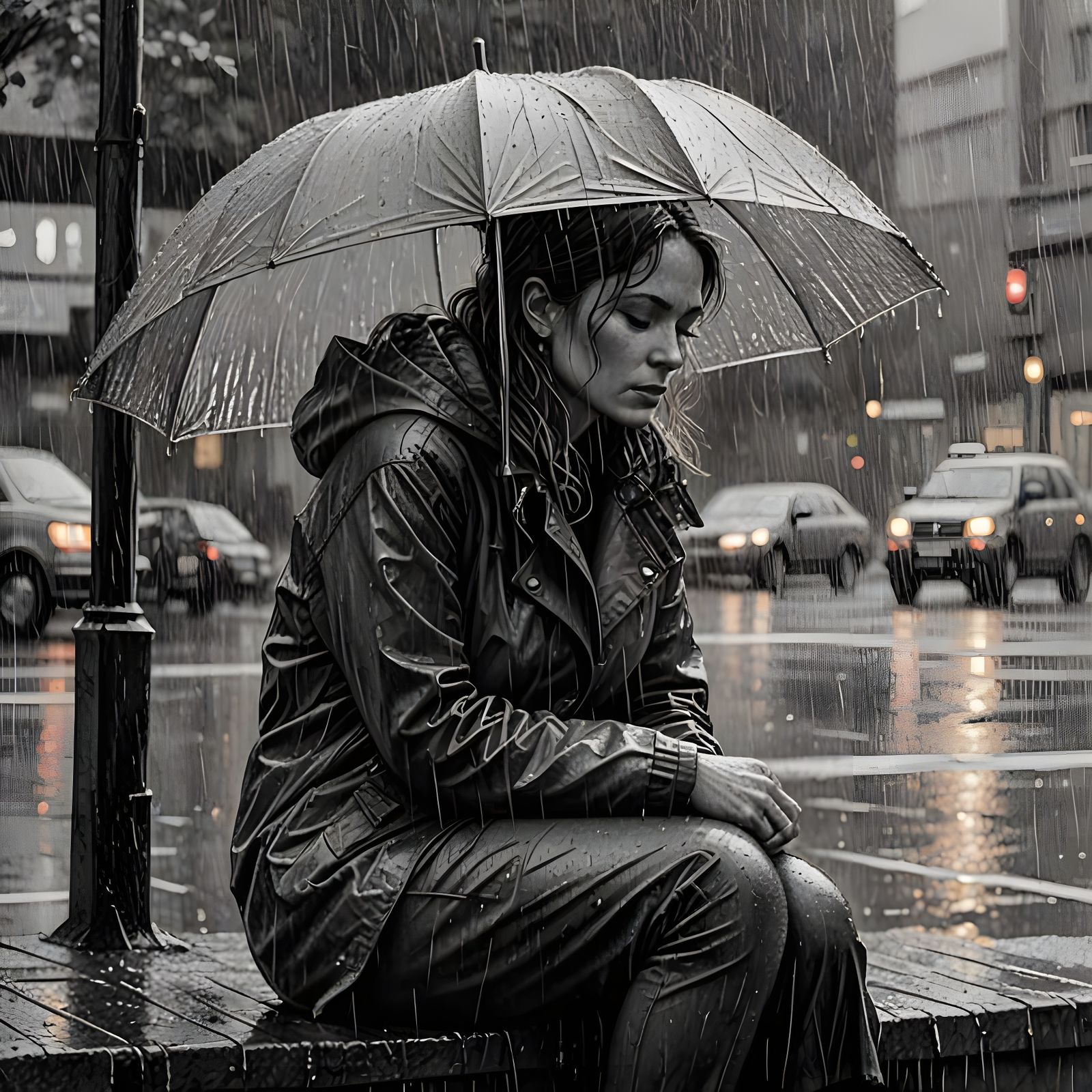 Woman in Rain: Hatching Style Digital Art