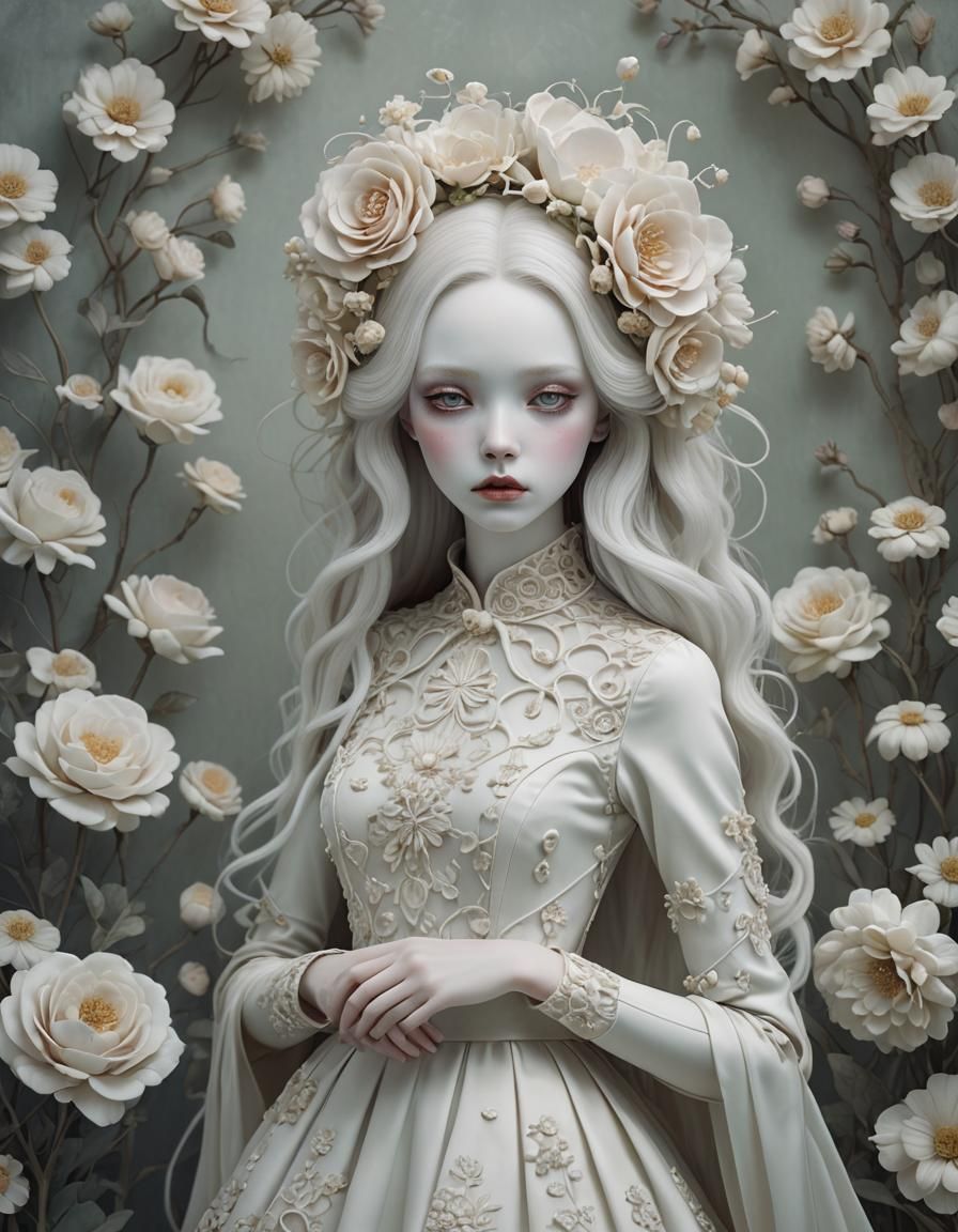 Surreal Porcelain Girl with Flower Hair in 3D