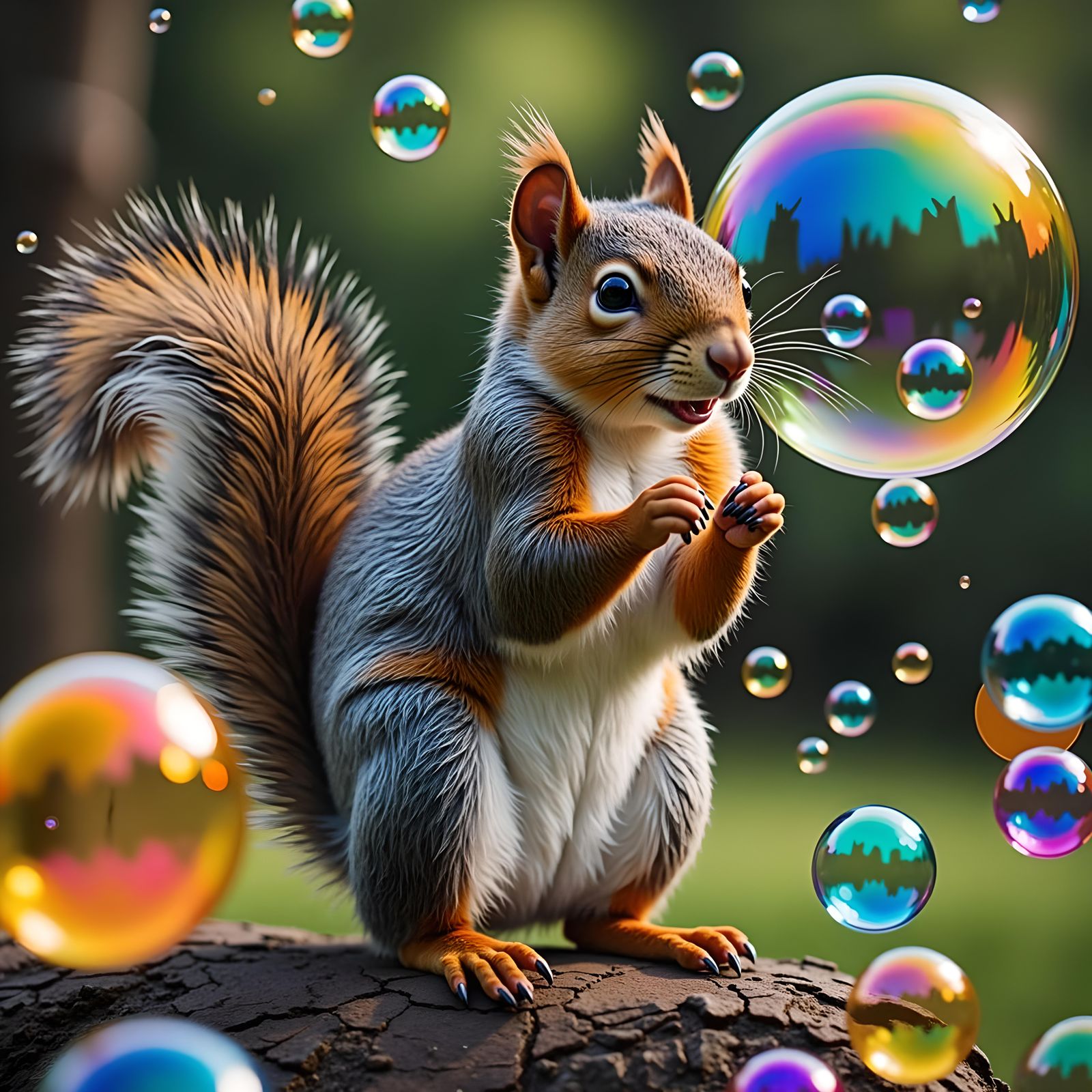 Adorable Squirrel Playing with Bubbles in Hyperreal Style