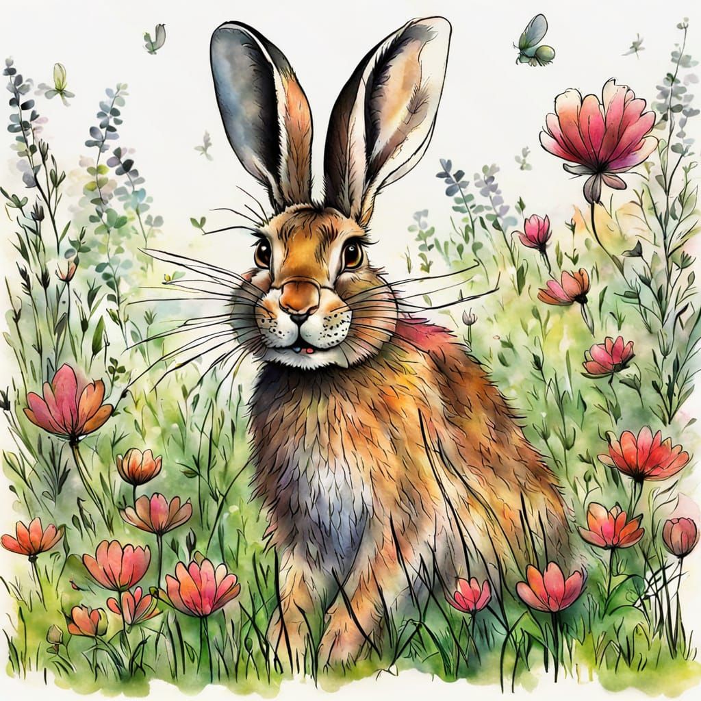 Smiling Hare in Spring Meadow