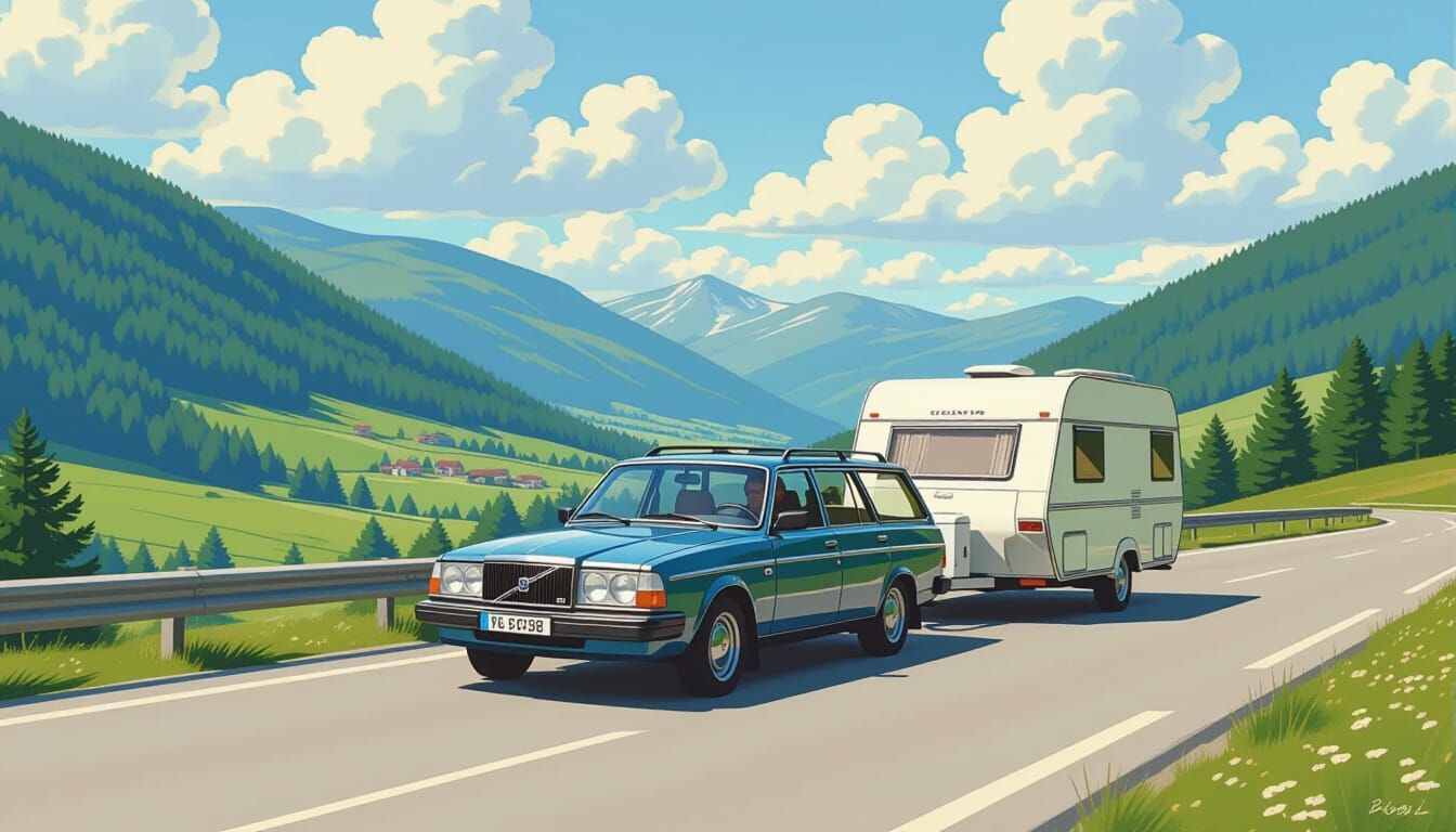 Classic Volvo Towing Caravan on European Highway