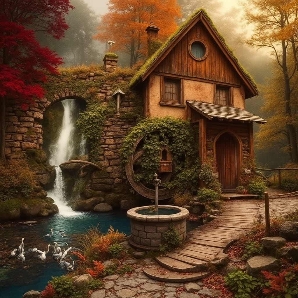 Whimsical Medieval Waterwheel in Muted Autumn Hues