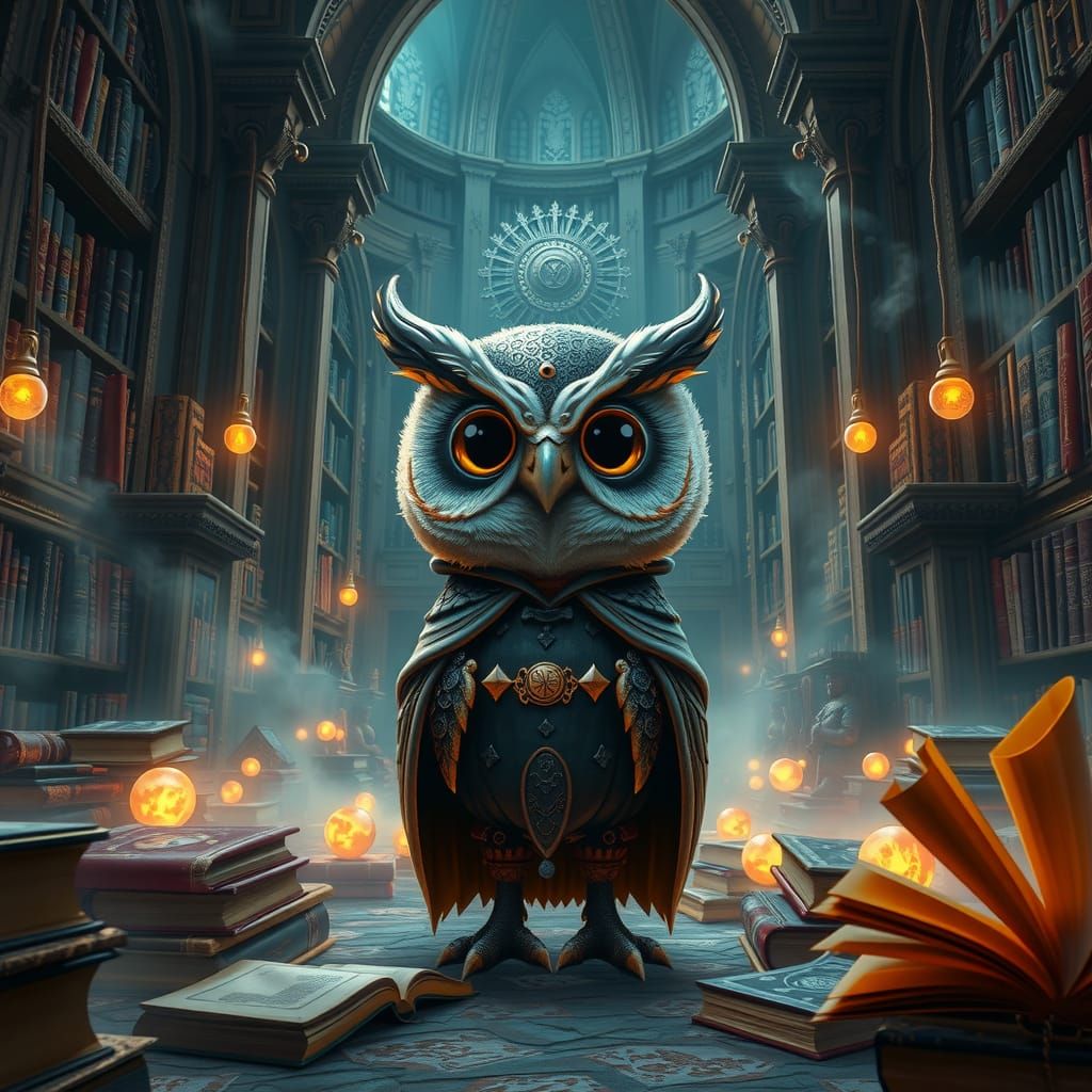 Mystical Owl Alien in Magical Library Concept Art