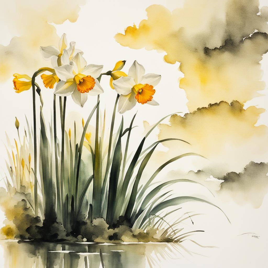 Narcissus in Muted Chinese Ink Painting