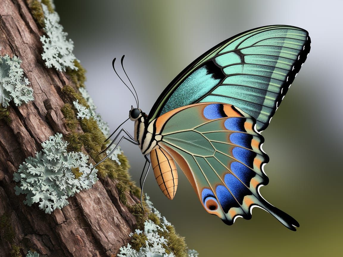 Intricate Butterfly with Iridescent Wings in a Lush Forest