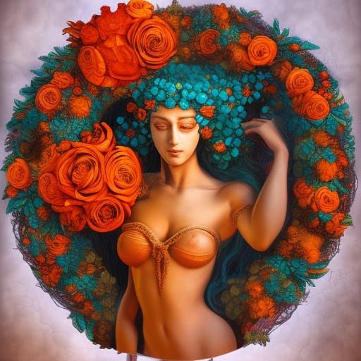 Eldritch Goddess of Whispers in a Wreath of Orange and Teal...