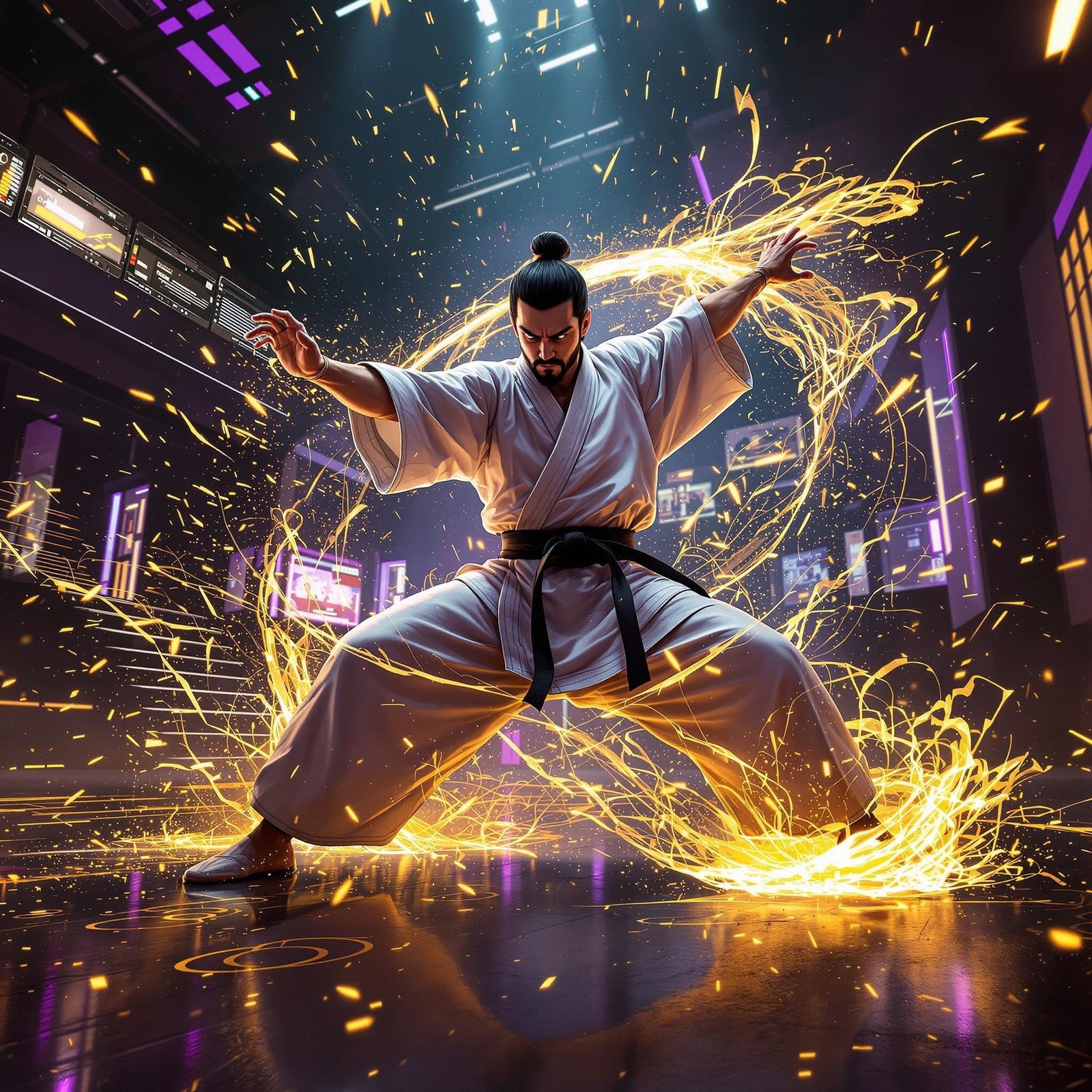 Karate Master in Futuristic Martial Arts Studio