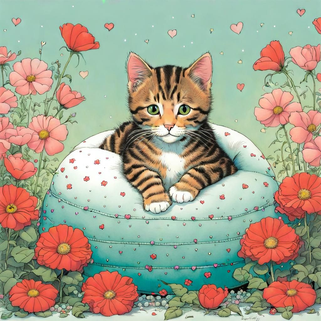Cute Cat with Flowers in Comic Book Style