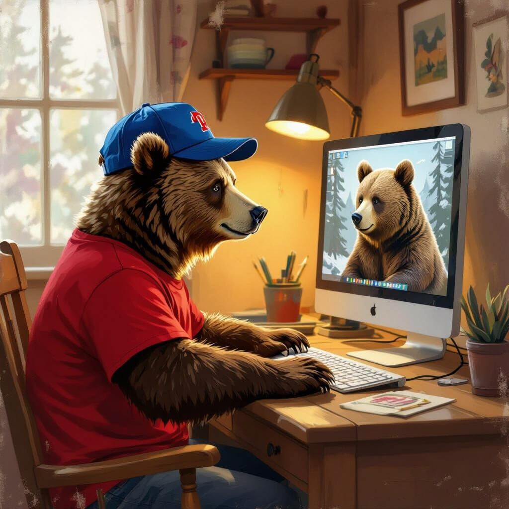 Bear in Red Shirt and Cap at Desk with Computer