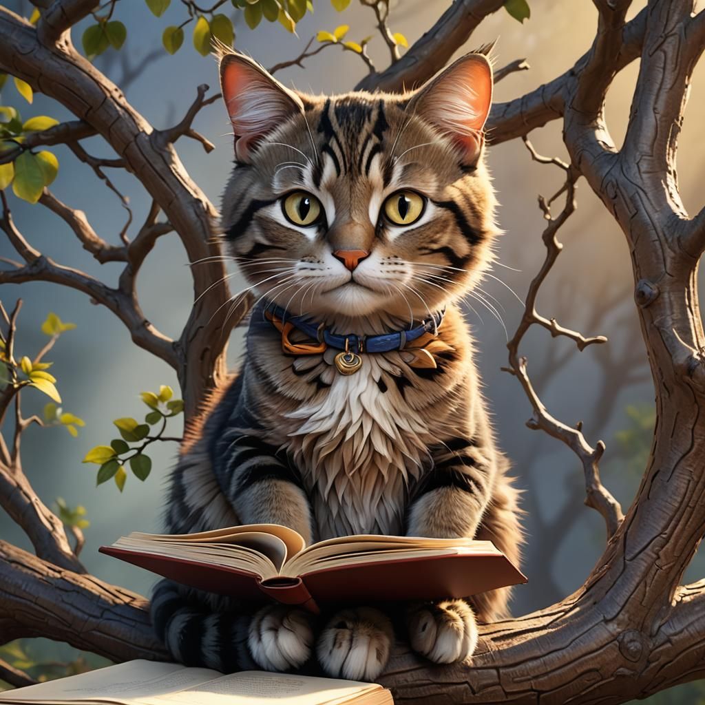 Cat Reading Book on Tree Branch, 3D Rendered Art