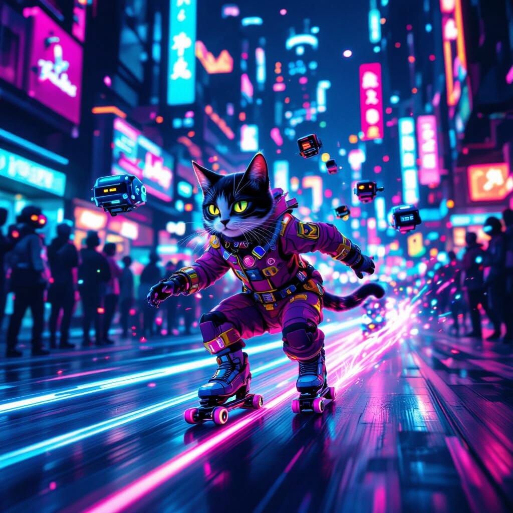 Cyberpunk Jester Cat Skates Through Neon City