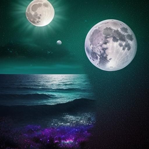 Bioluminescent Moon and Planets Over Neon Waves